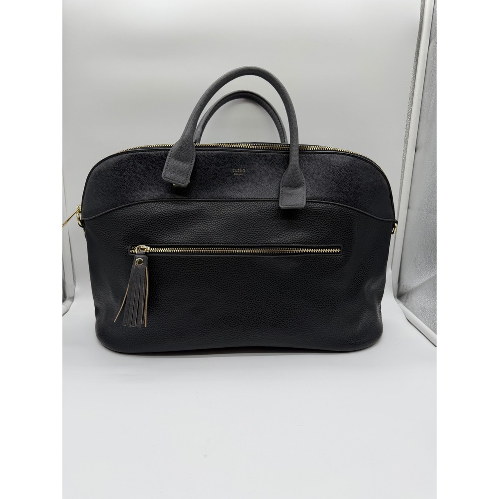Tutilo New York Black Pebbled Vegan Leather Laptop Tote Bag Gold Hardware Grey